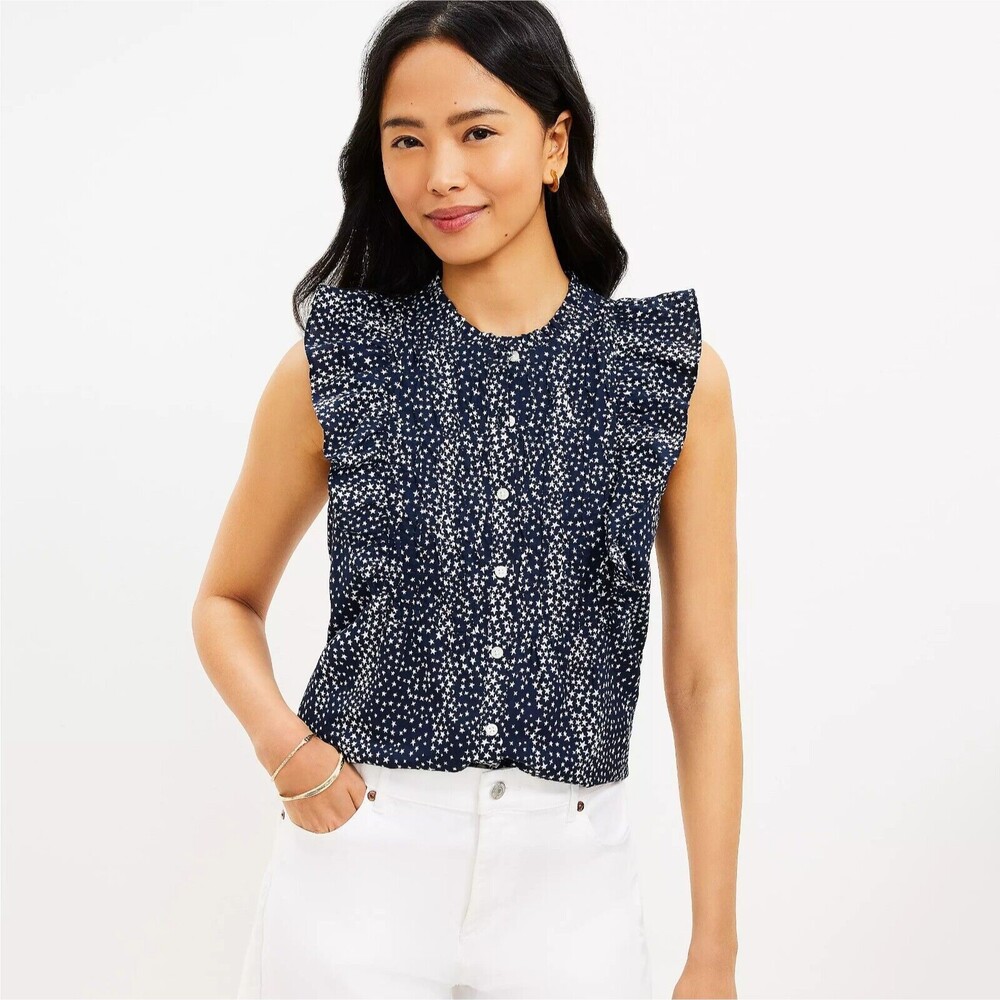 Loft Ruffle Bib Pin Tuck Button Top Ruffle Cap Sleeves Star Pattern Navy Blue S